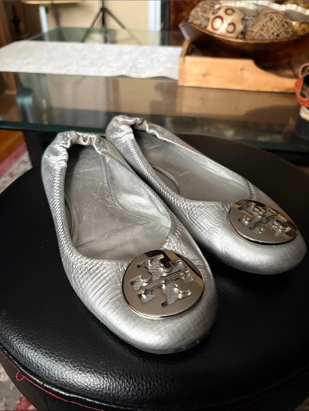Tory Burch Metallic Silver Logo Ballet Flats